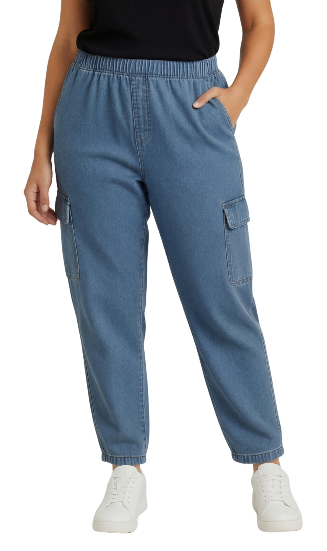Women's Lightweight Elastic Stretch Waist Casual Denim Pull-on Cargo Pants