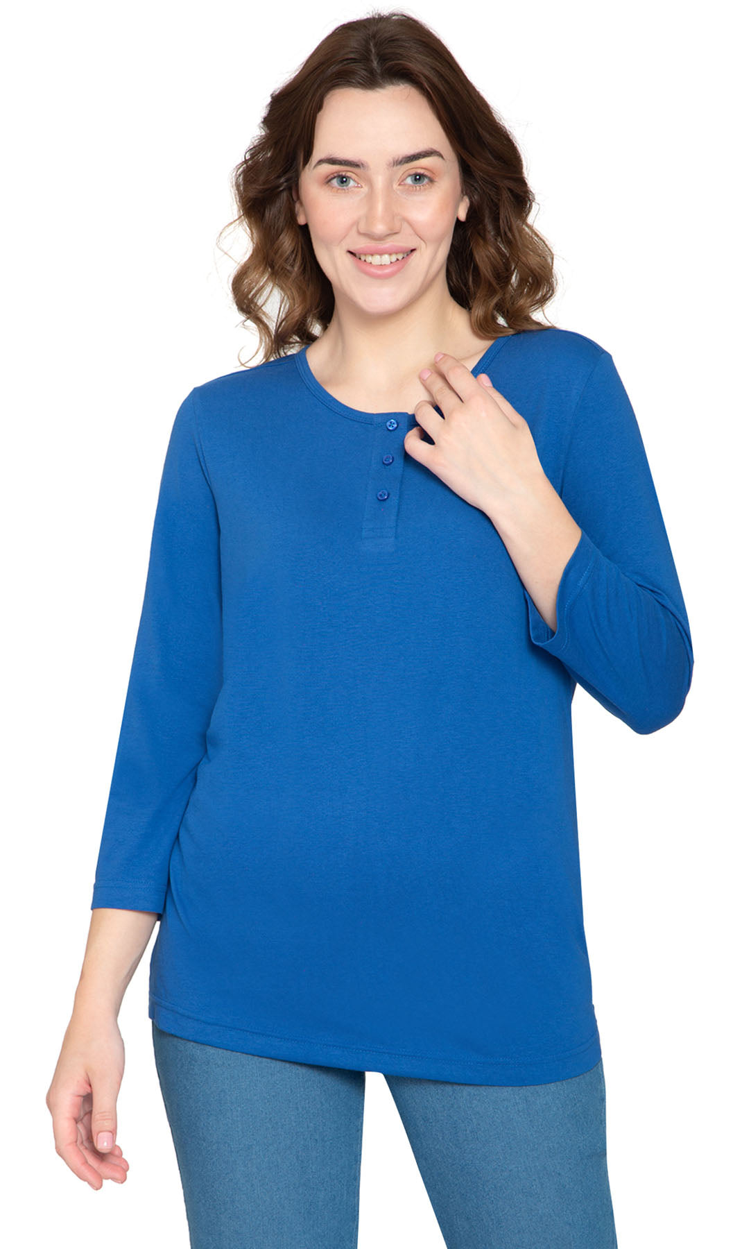 Women's 3/4 sleeves Henley in Cotton Blend with Button Placket