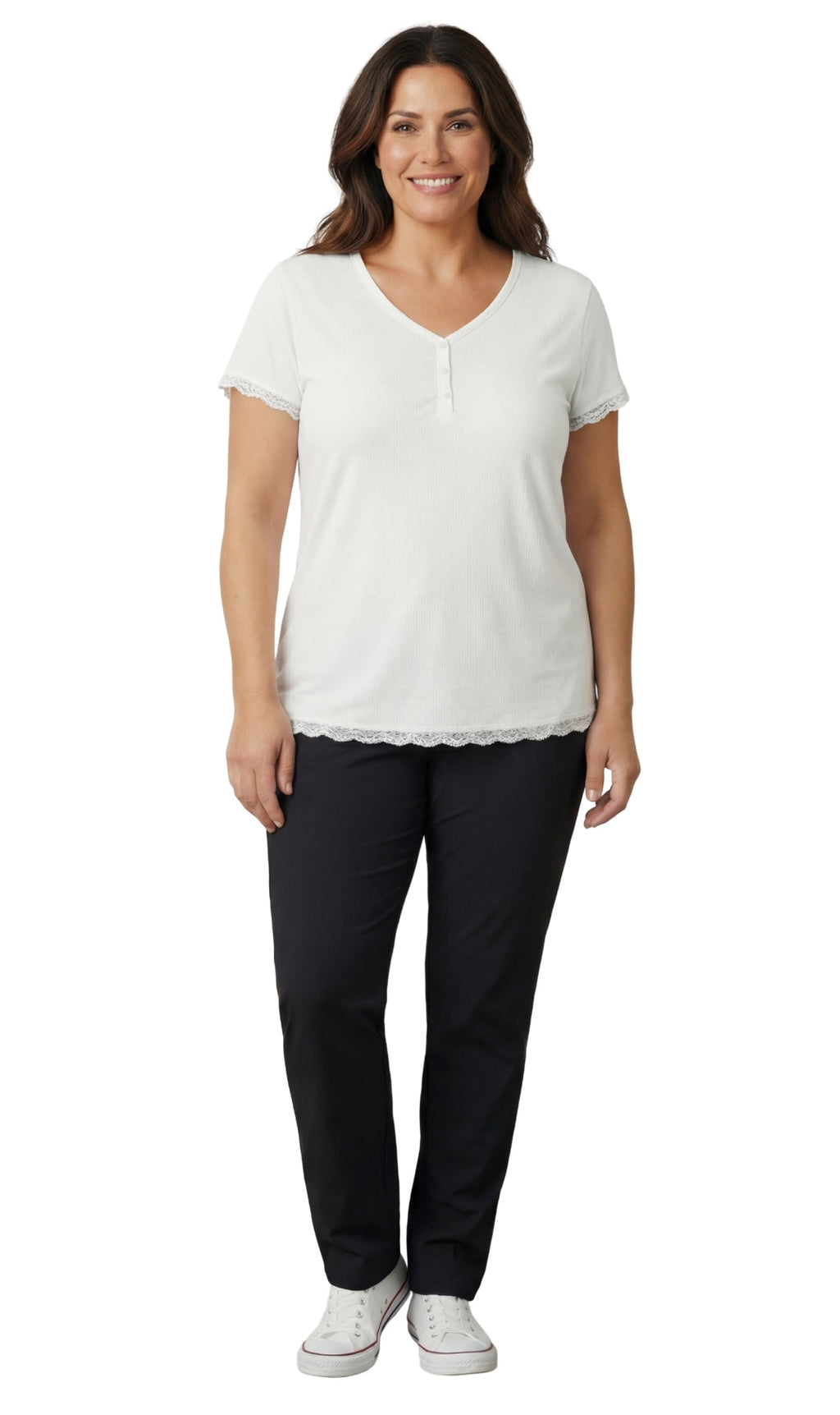 Women's V-neck Short Sleeve Tshirt with A Three Button Placket