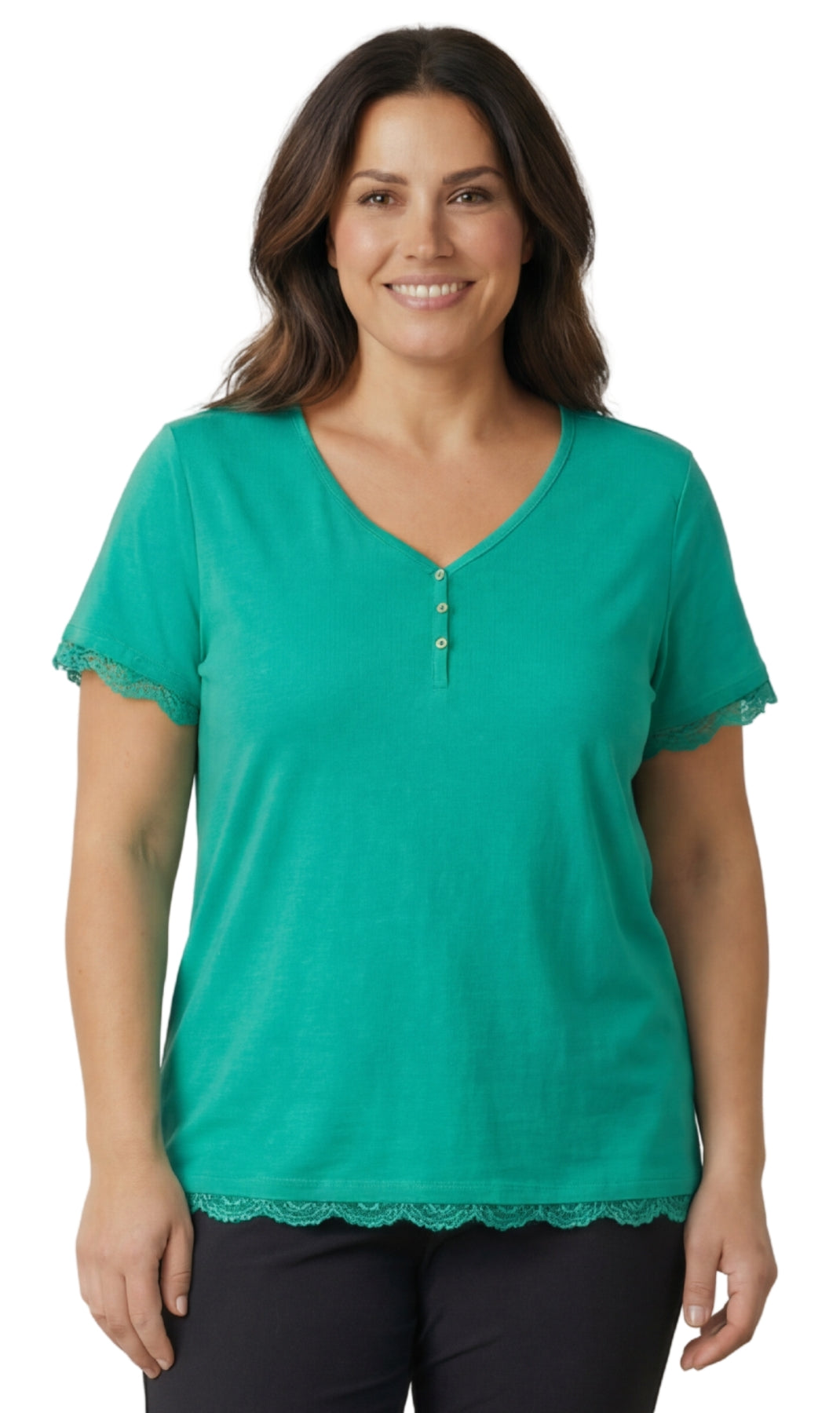 Women's V-neck Short Sleeve Tshirt with A Three Button Placket