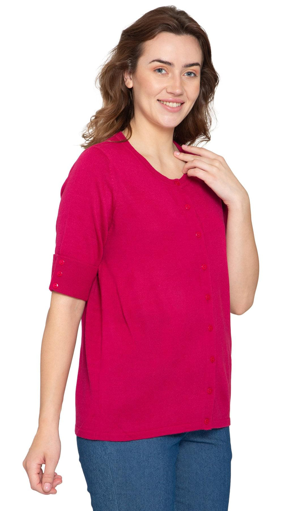 Women's Button Front Cardigan with a Unique Elbow Cuff Style