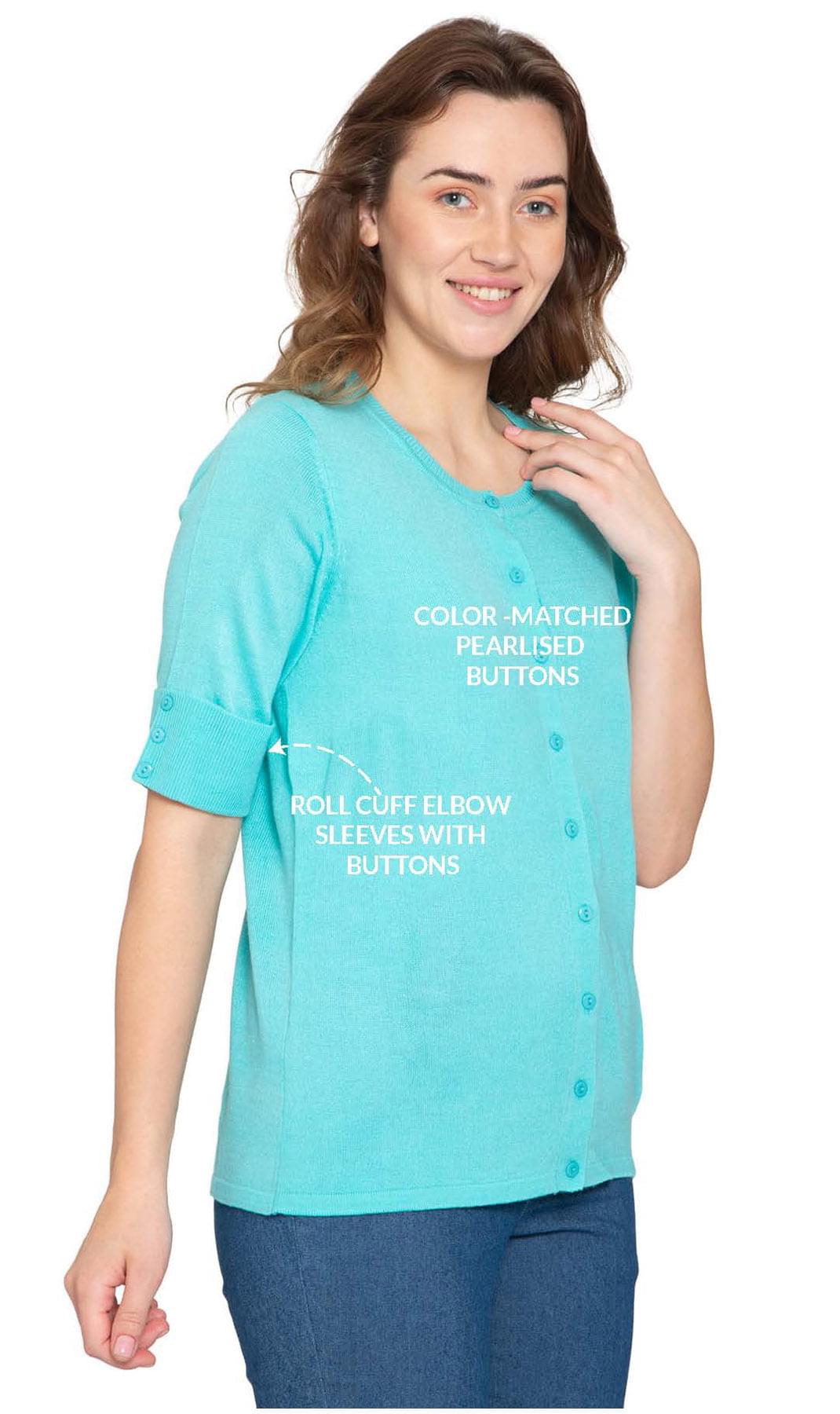 Women's Button Front Cardigan with a Unique Elbow Cuff Style