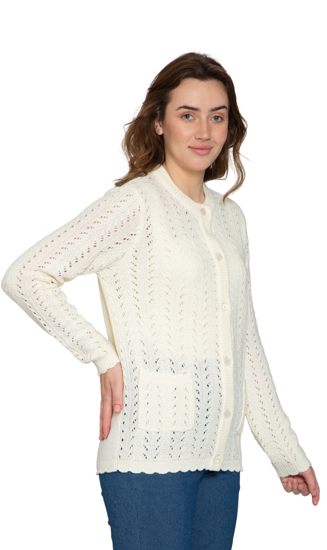 Women's Button Front Crochet Pointelle Cardigan with Pockets