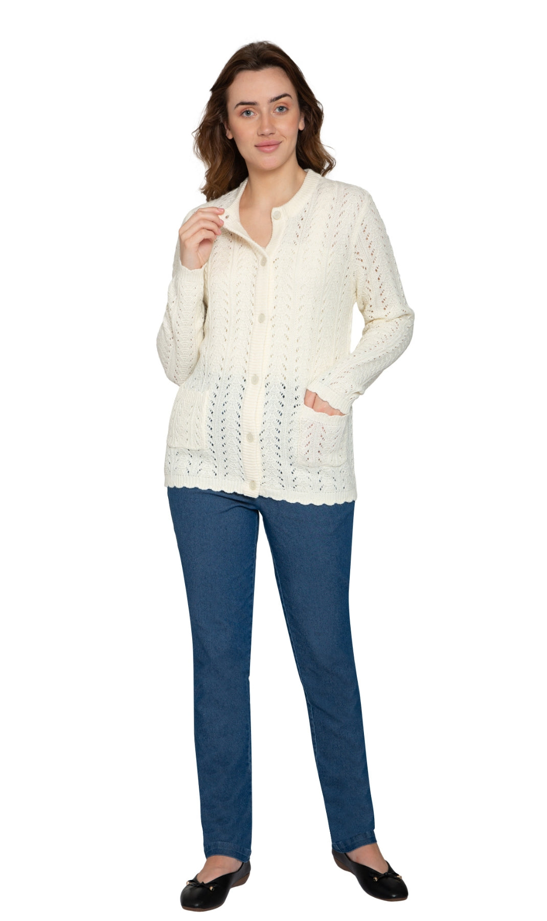 Women's Button Front Crochet Pointelle Cardigan with Pockets
