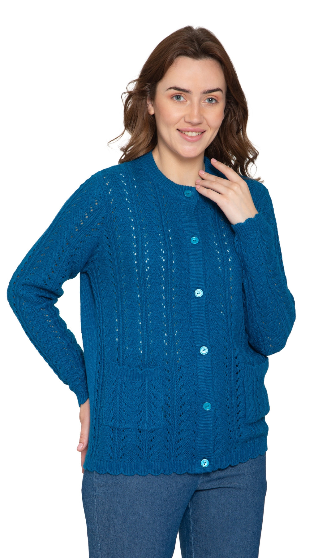 Women's Button Front Crochet Pointelle Cardigan with Pockets