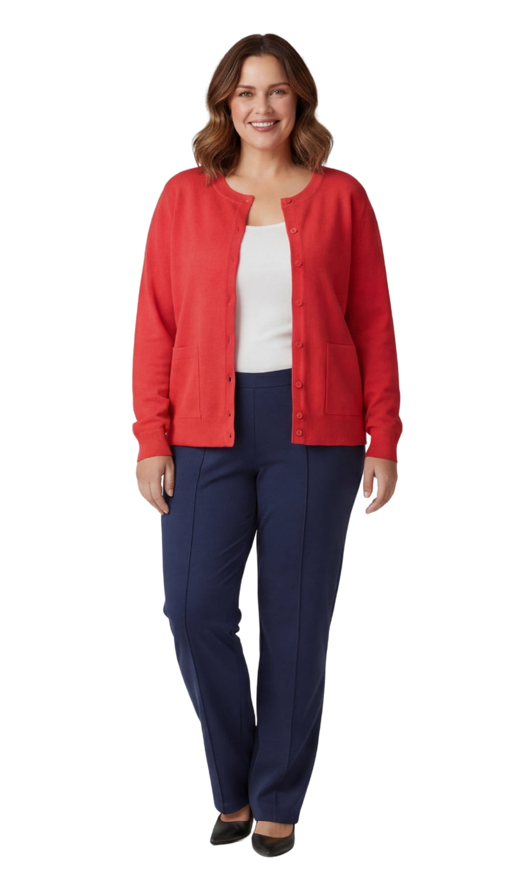 Women's Soft Cotton Button-Up Cardigan Crewneck Sweater Long Sleeves with Front Pockets