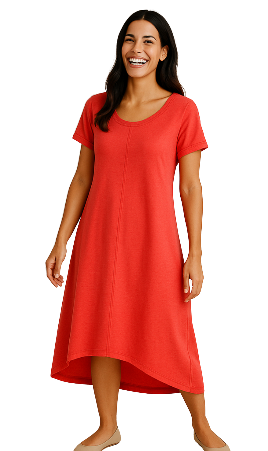 Women's Knit Wide Scoop Neck Short Sleeve Dress in A-line Asymmetrical Hem