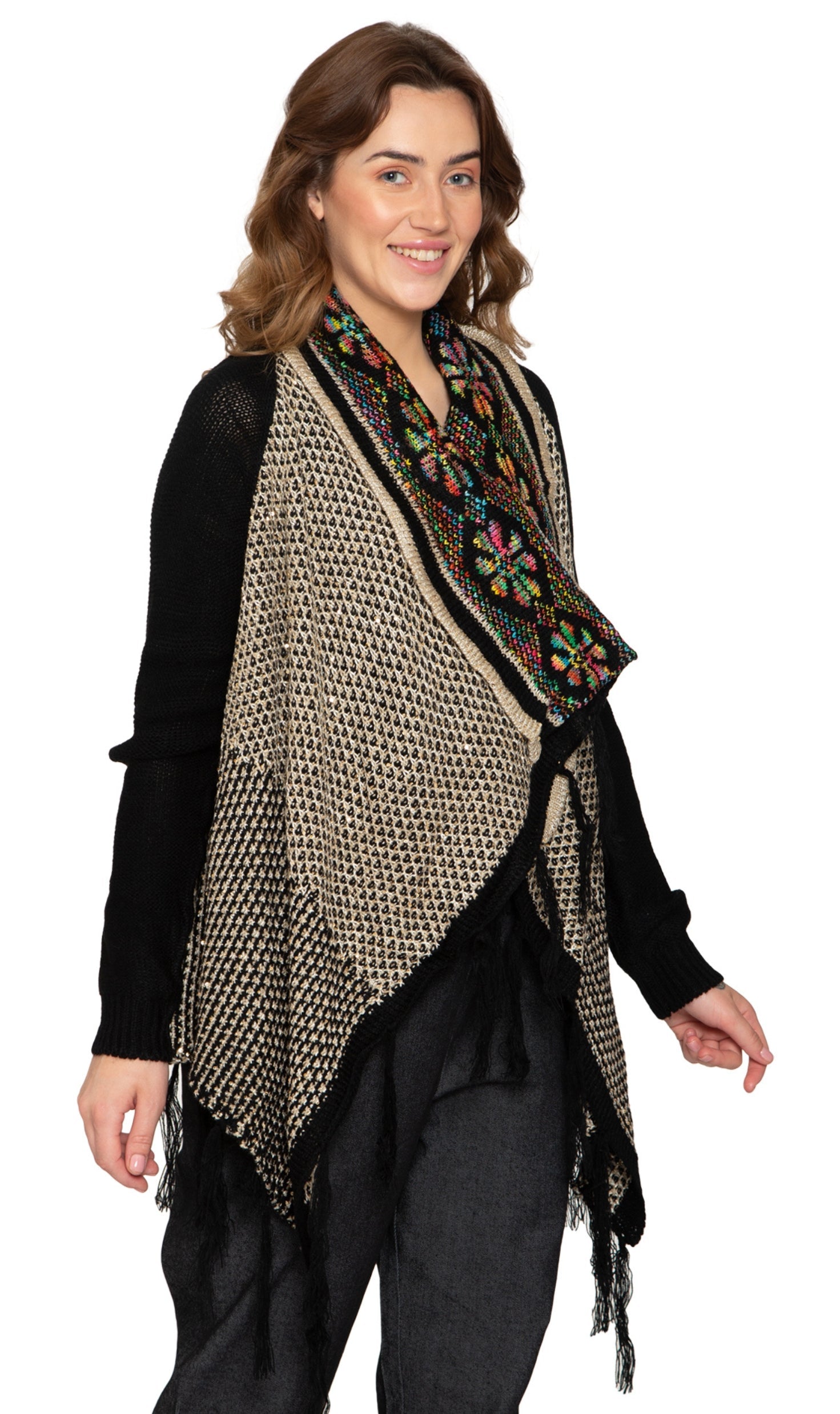 Women's Fringed Jacquard Weave Open Front Long Cardigan