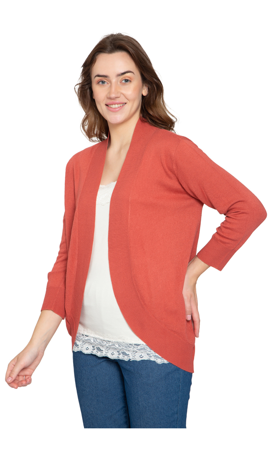 Women's Curved Hem Cardigan - Open Front in Soft Cashmere like Fabric