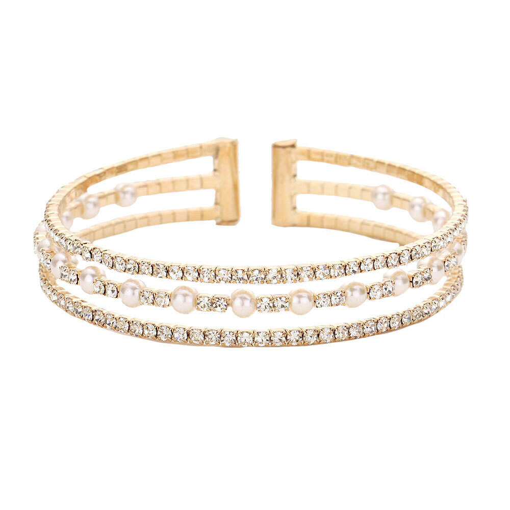 Elegant Pearl Accented Rhinestone Cuff Bracelet