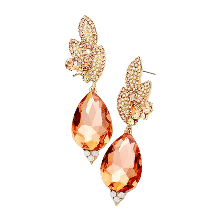 Crystal Rhinestone Pave Leaf Teardrop Evening Earrings