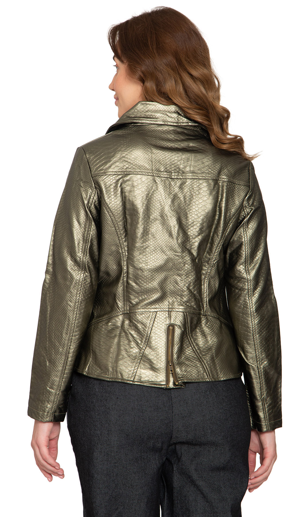 Women's Asymmetrical Zip up Metallic Snake Pattern Moto Jacket