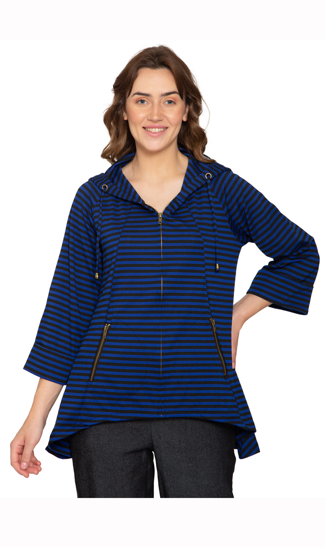 Women's Striped Zip Front High Low Hooded Jacket