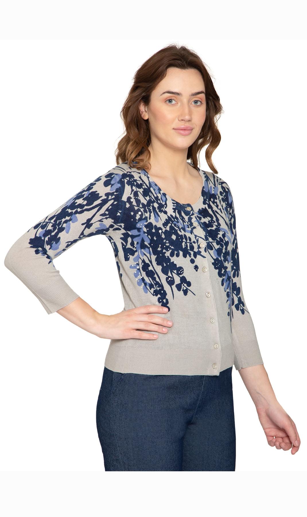 Women's 3/4 Sleeve Knit Printed And Embellished Cardigan Sweater