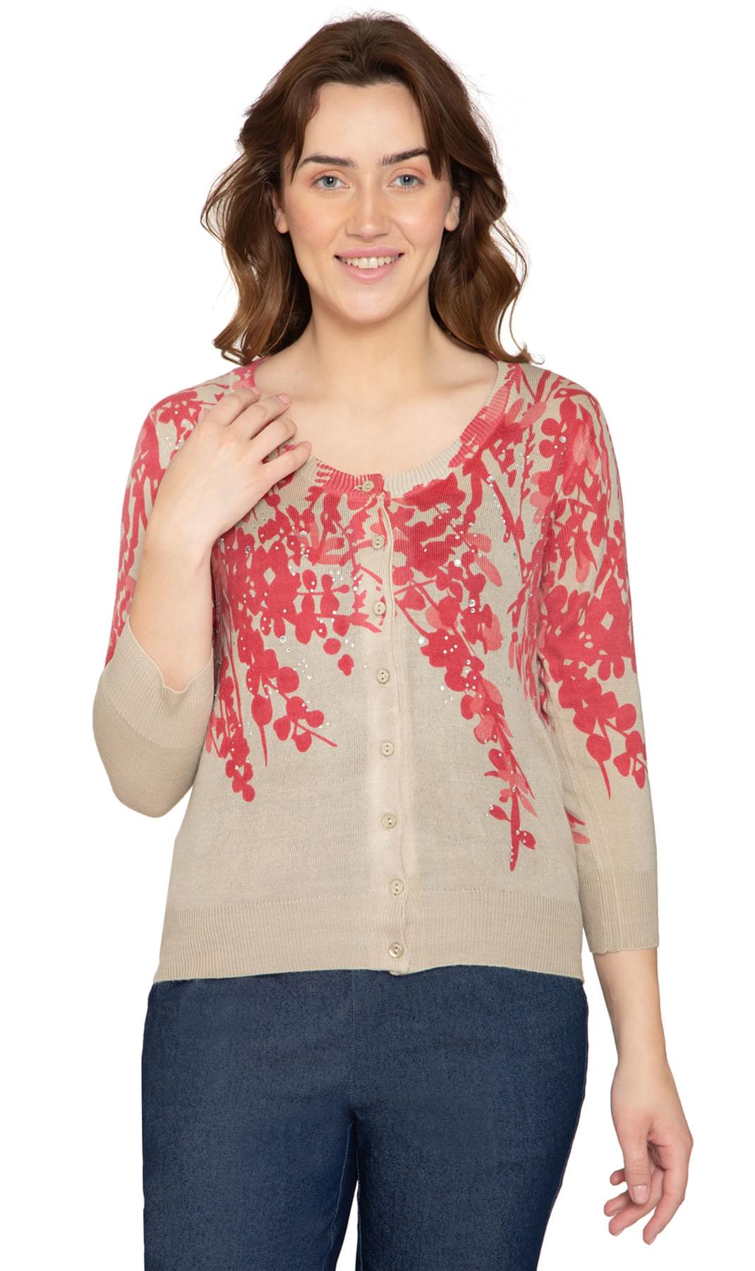 Women's 3/4 Sleeve Knit Printed And Embellished Cardigan Sweater