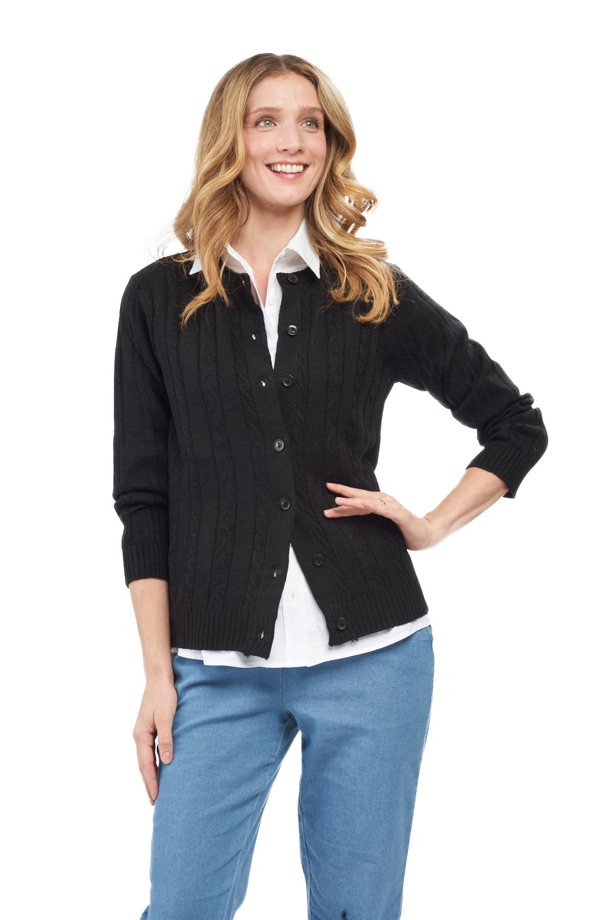 Women's Classic Button Front Cable Knit Cardigan in Soft Acryllic