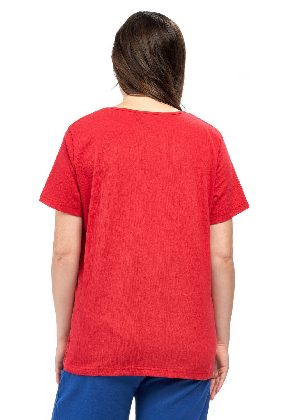 Women's Textured Knit T-shirt with Jewel Neckline and Short Sleeves