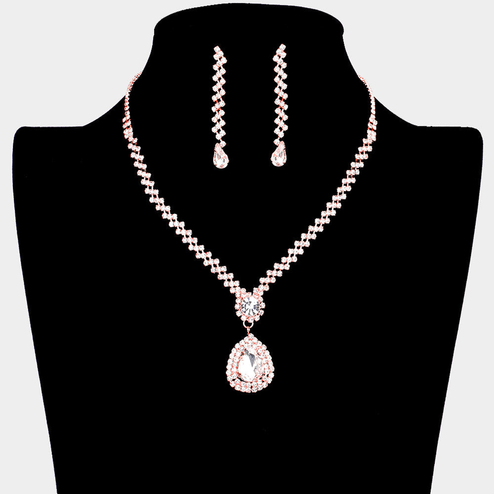 Teardrop Crystal Rhinestone Necklace Earring Set