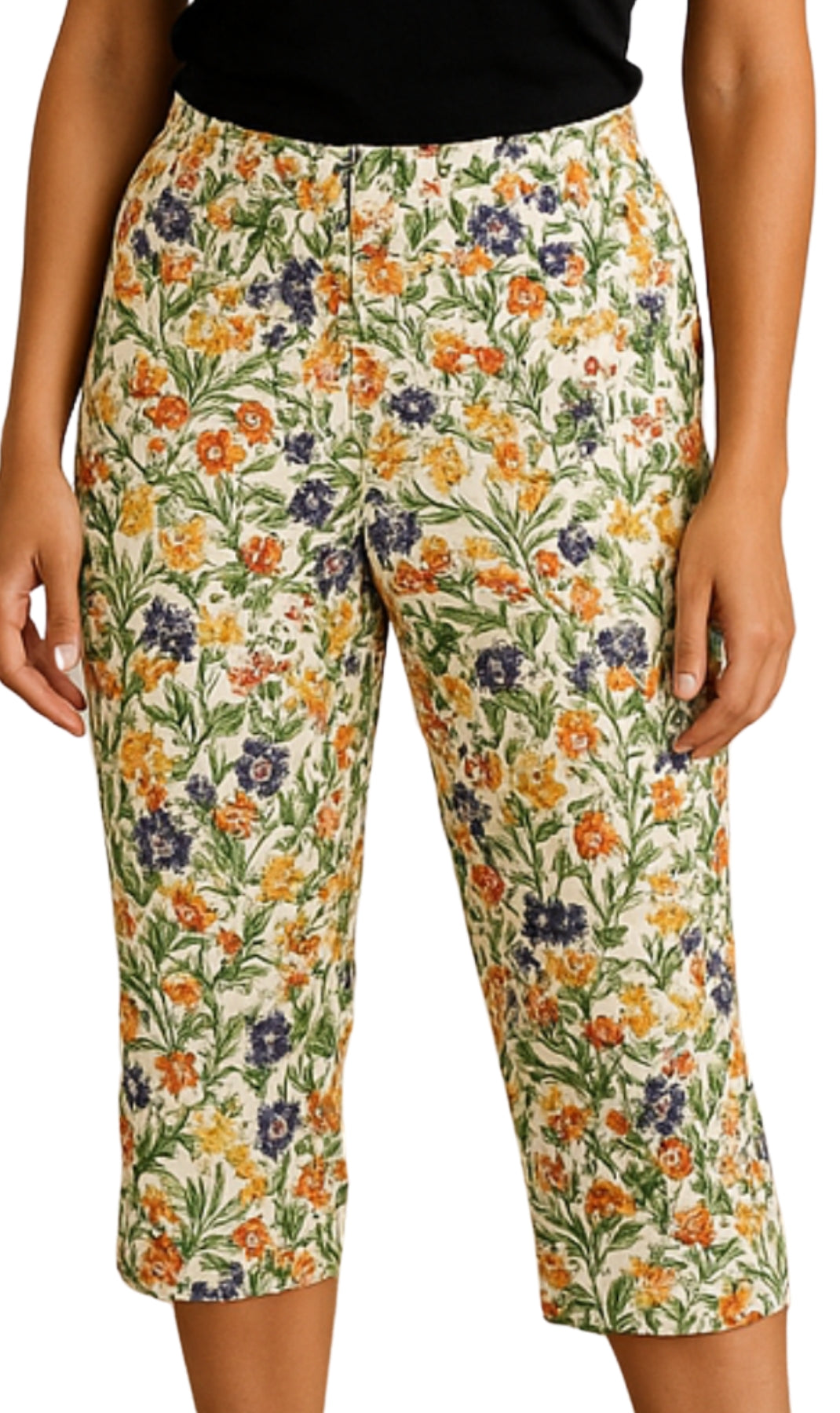 Women's Casual Botanical Bloom Capri Pants with Front Pockets and A Consealed Zipper