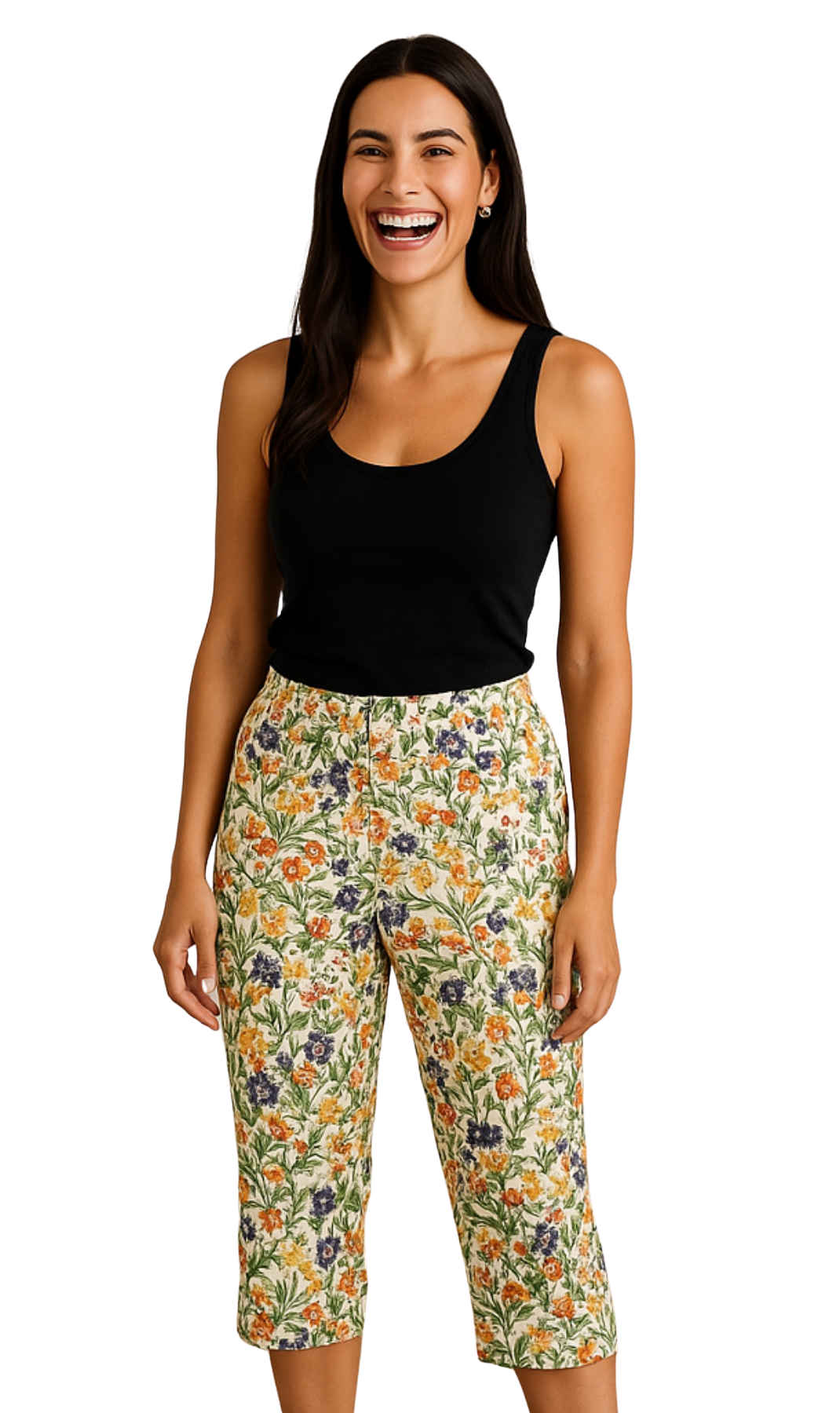 Women's Casual Botanical Bloom Capri Pants with Front Pockets and A Consealed Zipper