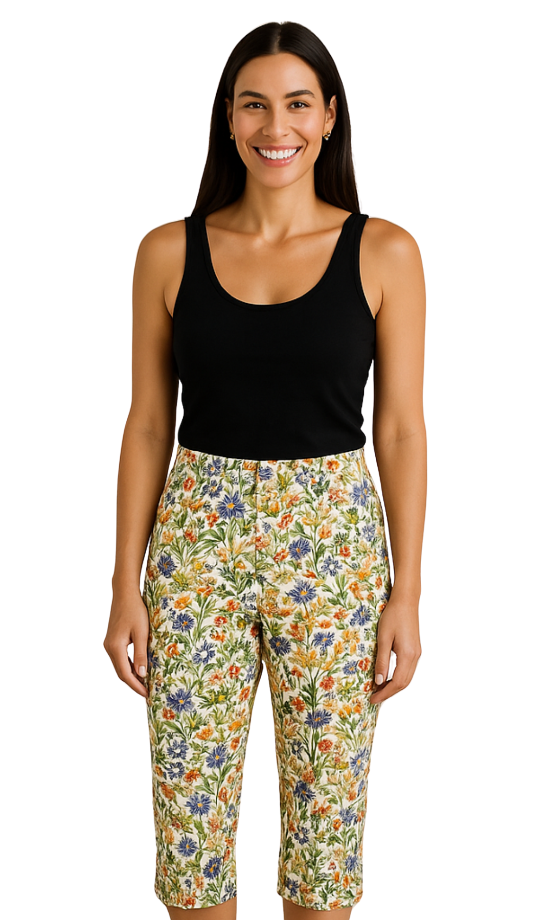 Women's Casual Botanical Bloom Capri Pants with Front Pockets and A Consealed Zipper