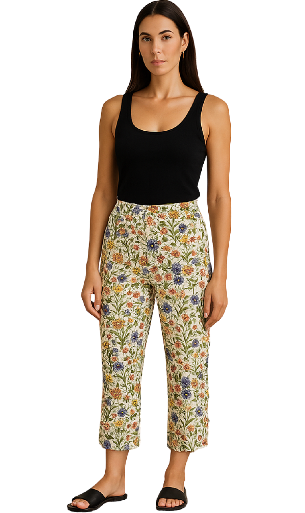 Women's Casual Botanical Bloom Capri Pants with Front Pockets and A Consealed Zipper