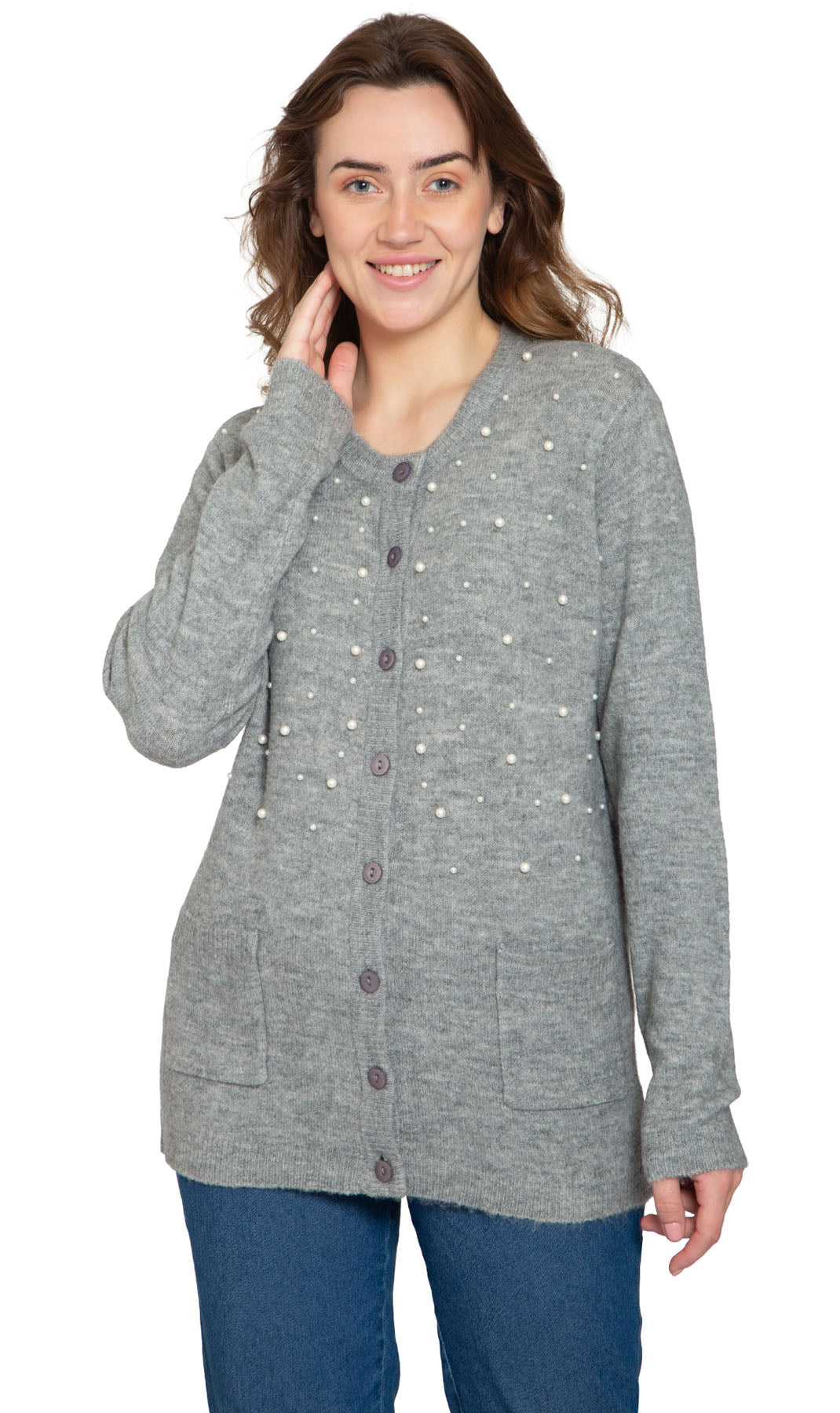 Women's Faux Pearl Cardigan in Cashmere-like Soft Knit