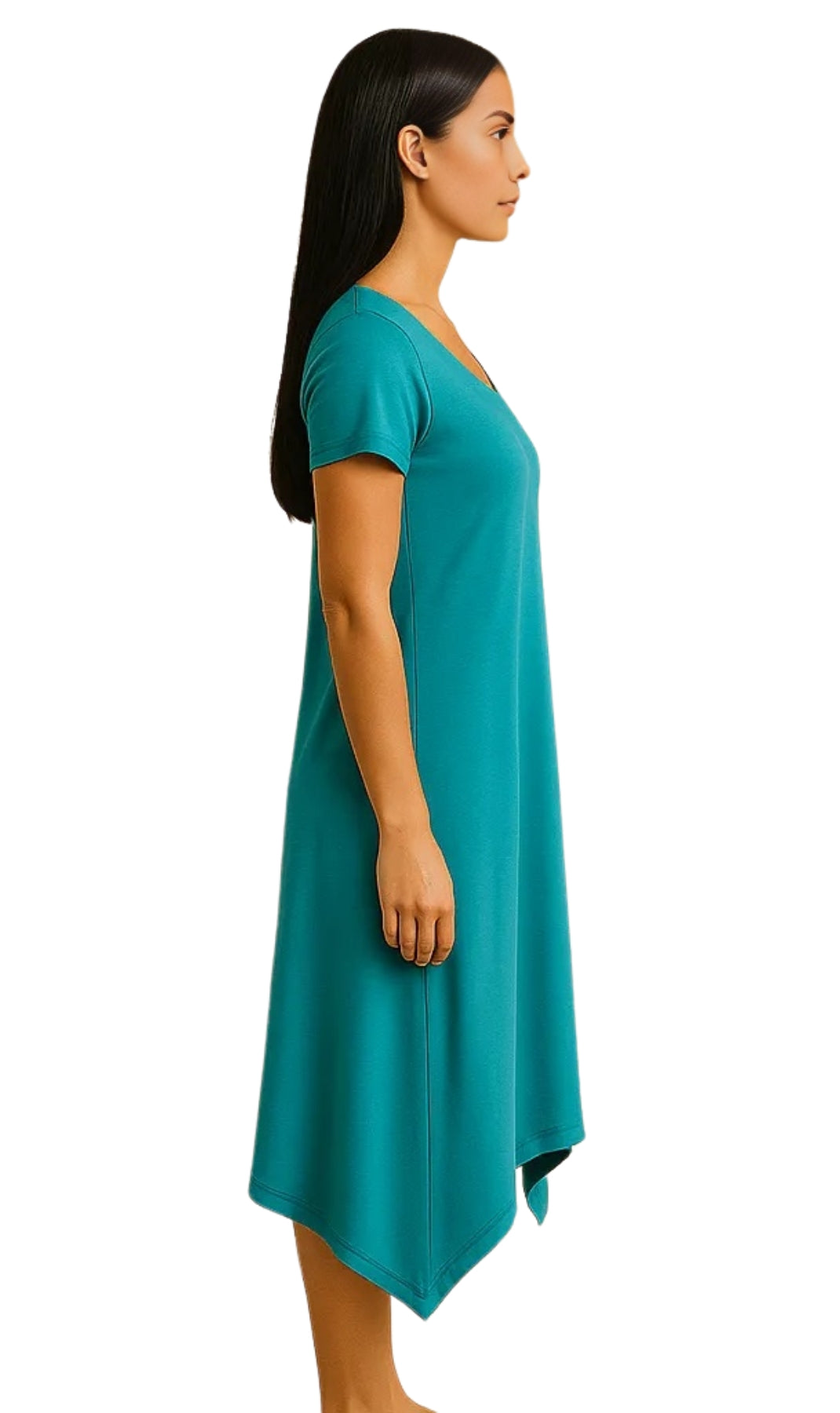 Women's Knit Wide Scoop Neck Short Sleeve Dress in A-line Asymmetrical Hem