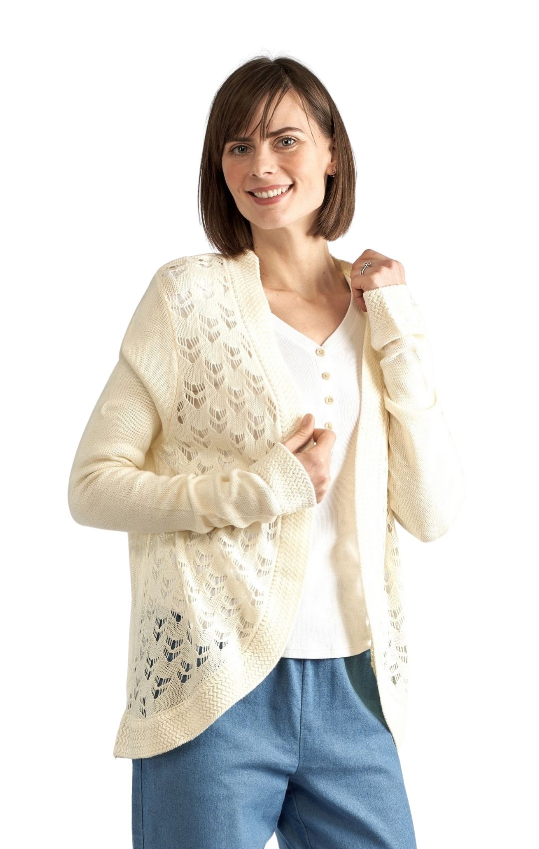 Women's Open Front Curved Hem Pointelle Shrug in Soft Acrylic