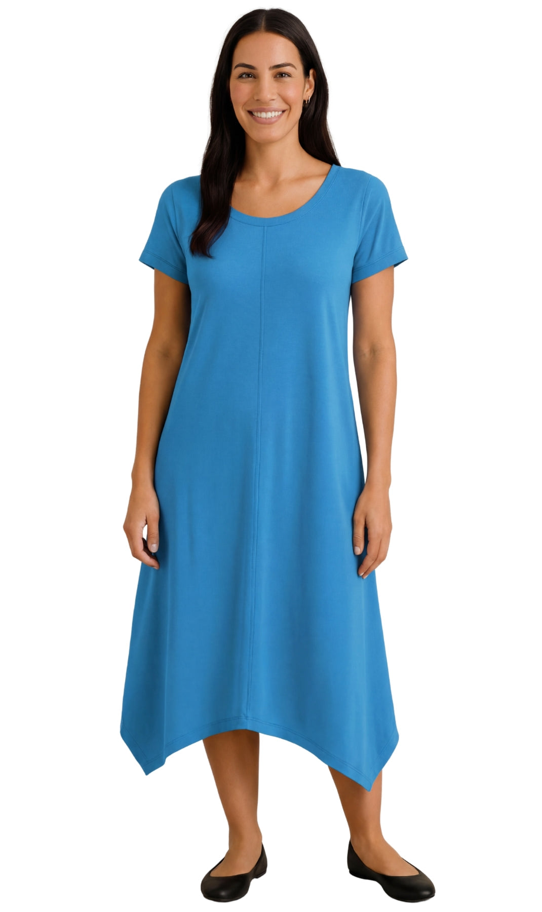 Women's Knit Wide Scoop Neck Short Sleeve Dress in A-line Asymmetrical Hem